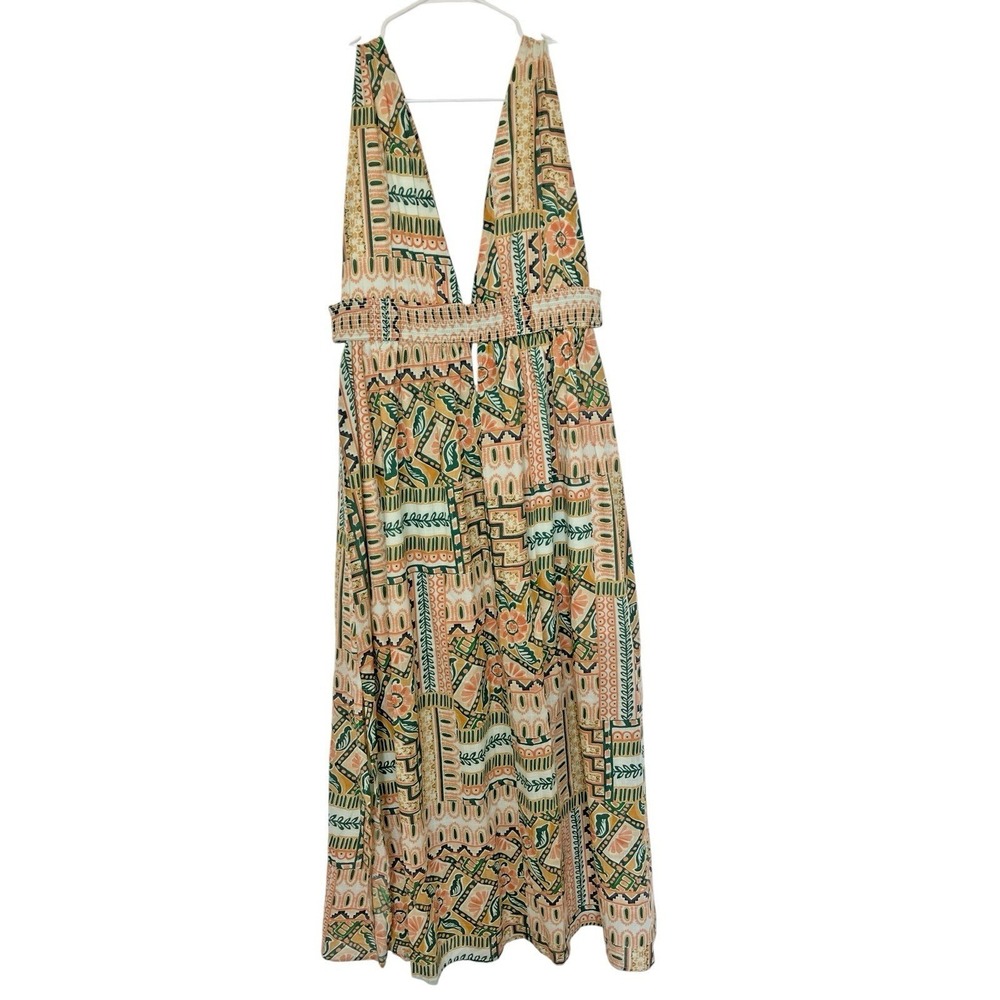 Bila 77 Boho Maxi Dress Size L Smocked Deep V Neck Geometric Floral Festival